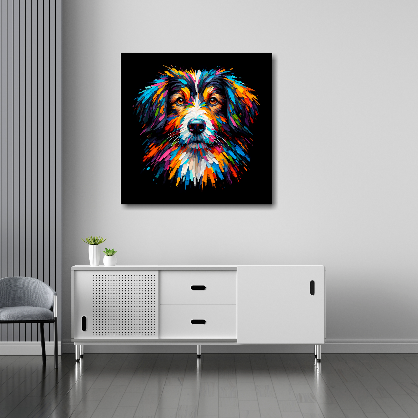 30 inch by 30 inch square canvas featuring a multi-coloured Sprollie dog portrait. Mounted on a white wall above a white sideboard.