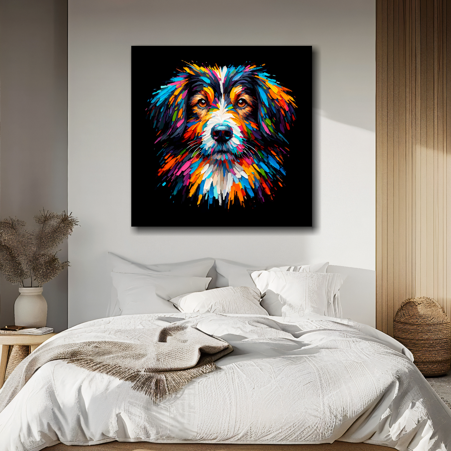Square canvas featuring a multi-coloured Sprollie dog portrait. Mounted on a white wall above a double bed.