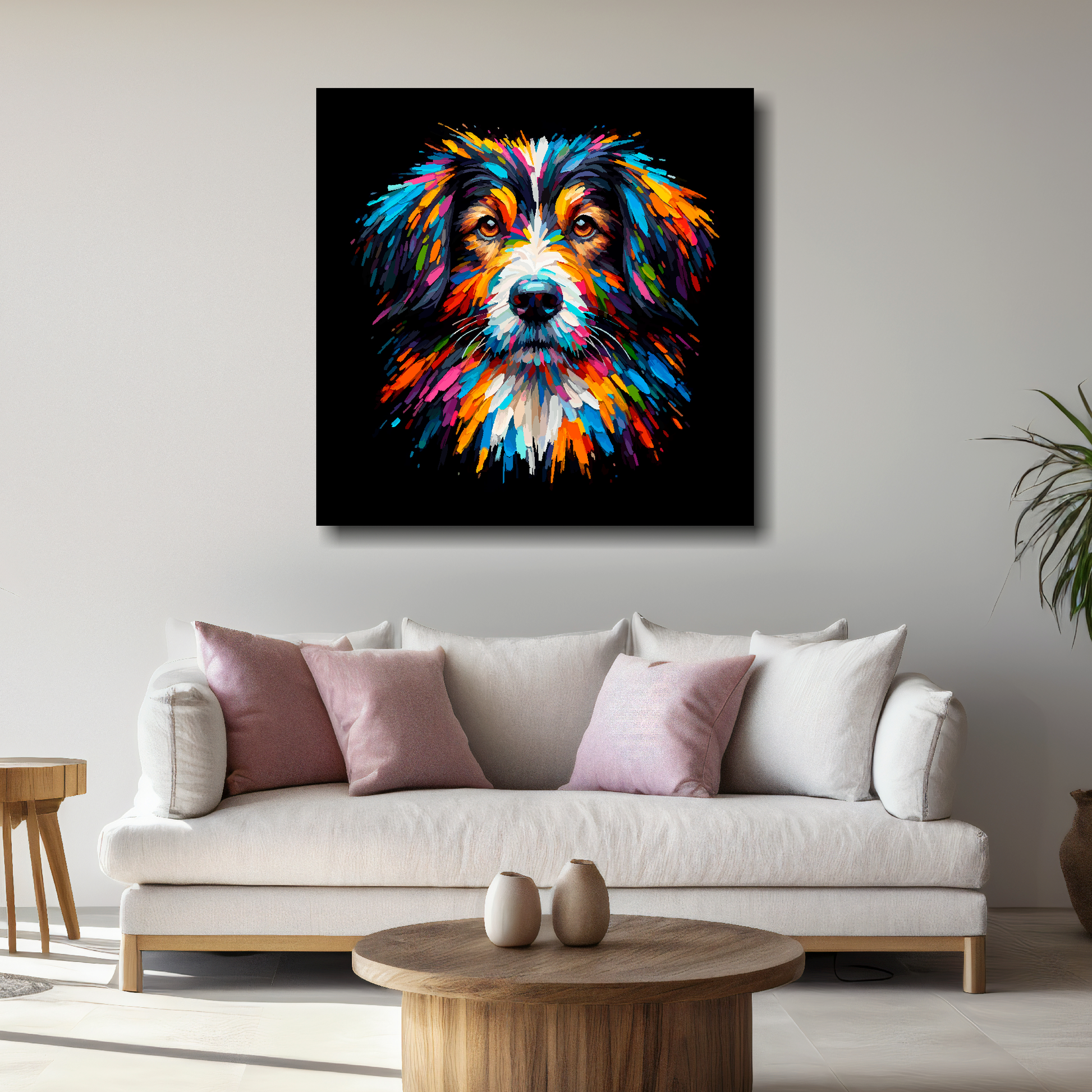 Large canvas featuring a multi-coloured Sprollie dog portrait. Mounted on a white wall above a white sofa with decorative pillows.