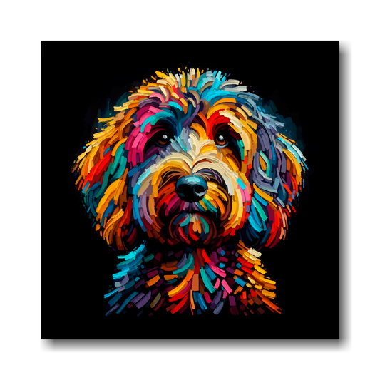 Colourful head portrait of a Spoodle dog on a black background.