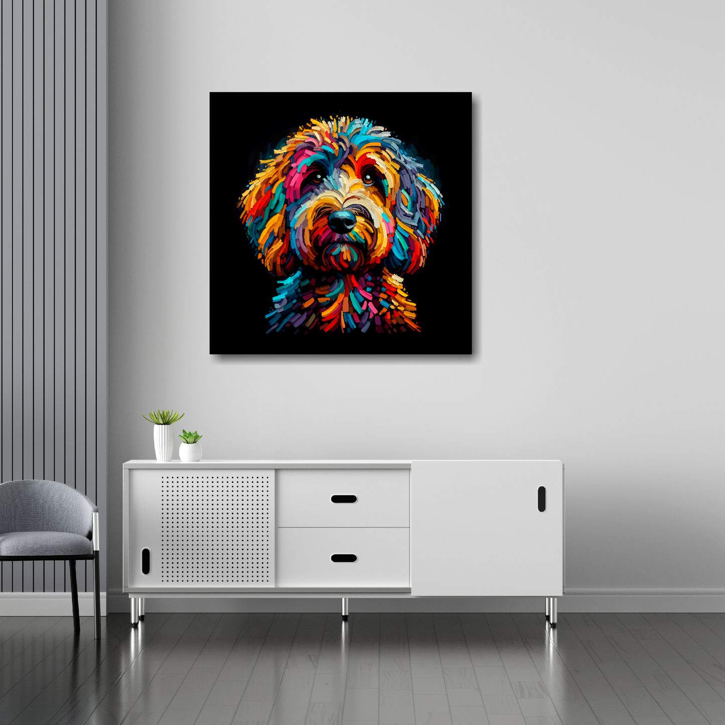 30 inch by 30 inch square canvas featuring a multi-coloured Sproodle dog portrait. Mounted on a white wall above a white sideboard.
