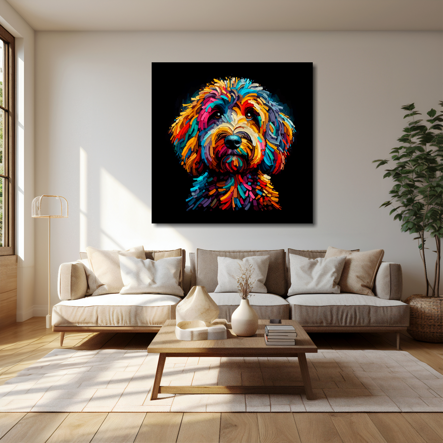 40 inch by 40 inch square canvas featuring a multi-coloured Sproodle dog portrait. Mounted on a cream wall above a cream sofa with decorative pillows.