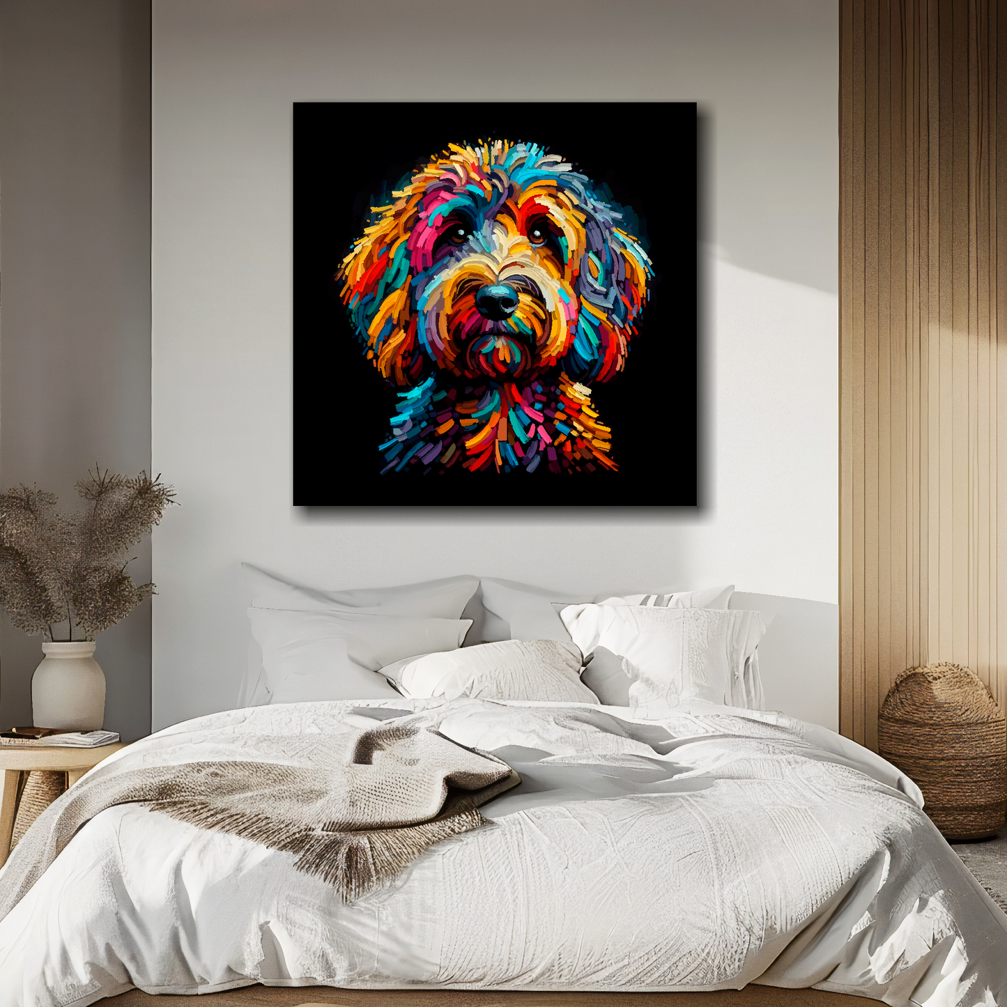 Square canvas featuring a multi-coloured Sproodle dog portrait. Mounted on a white wall above a double bed.