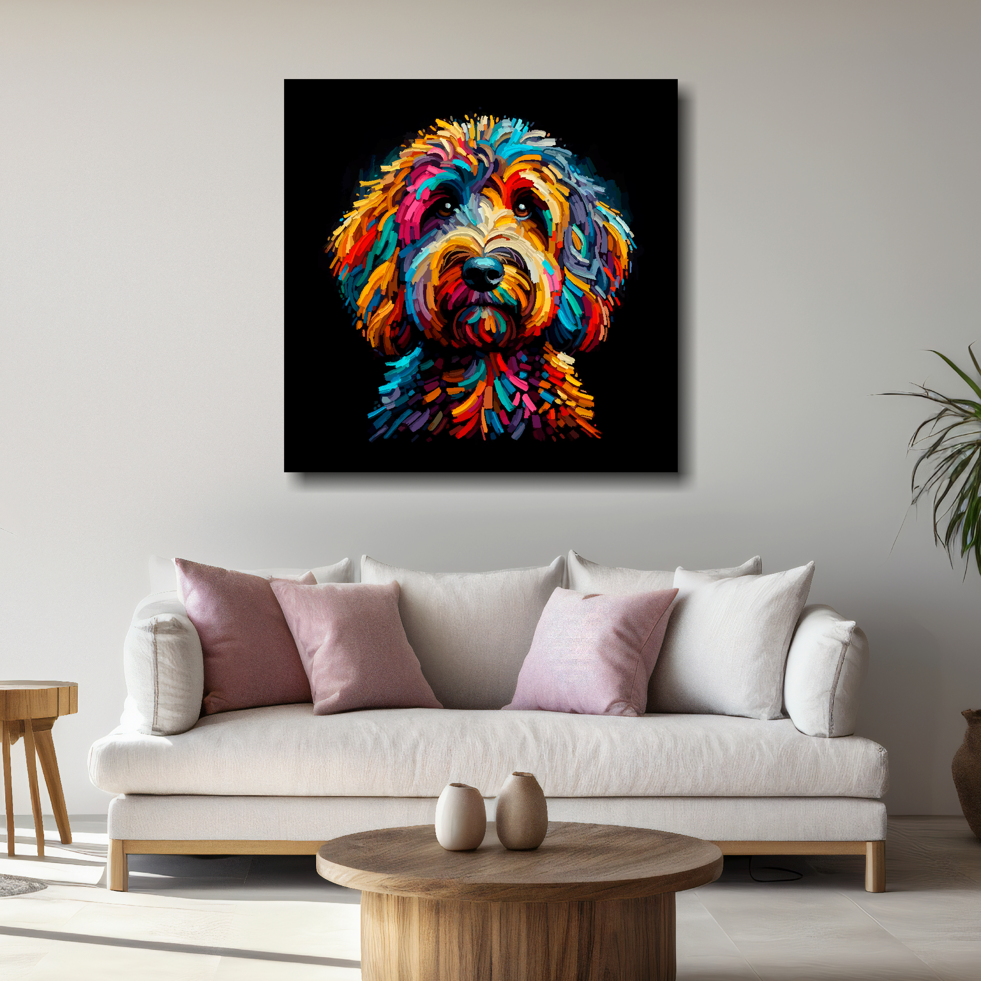 Large canvas featuring a multi-coloured Sproodle dog portrait. Mounted on a white wall above a white sofa with decorative pillows.