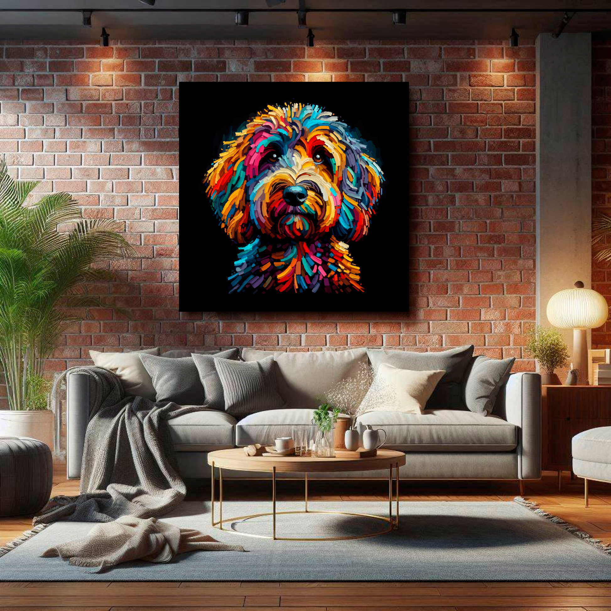 XL canvas featuring a multi-coloured Sproodle dog portrait. Mounted on a brick wall above a grey sofa with decorative pillows.