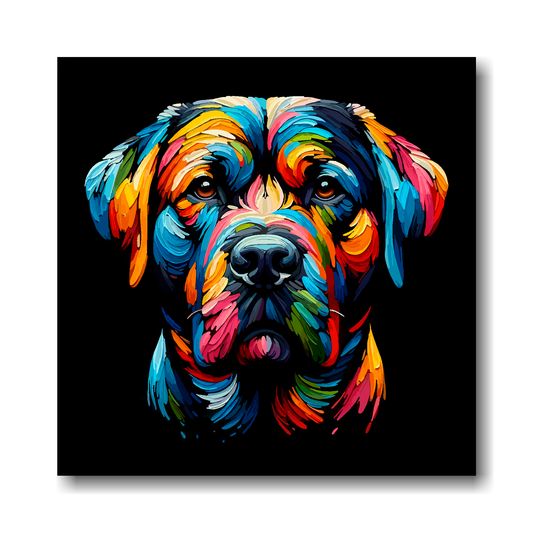 Colourful painting of a Staffador dog's face on a black background.