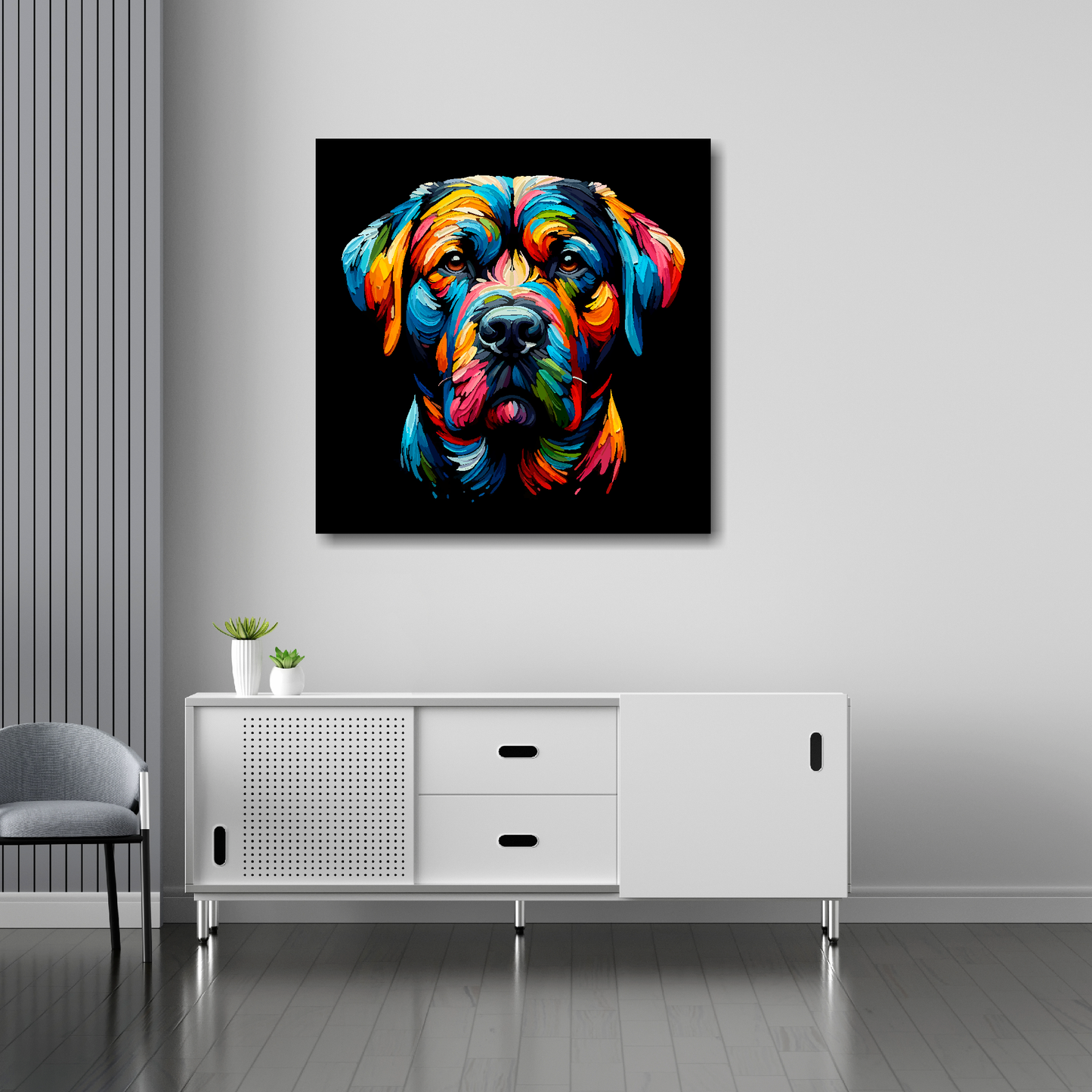 30 inch by 30 inch square canvas print featuring a multi-coloured Staffador dog portrait. Mounted on a white wall above a white sideboard.