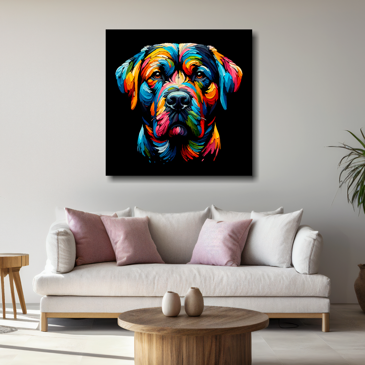 Large canvas print featuring a multi-coloured Staffador dog portrait. Mounted on a white wall above a white sofa with decorative pillows.