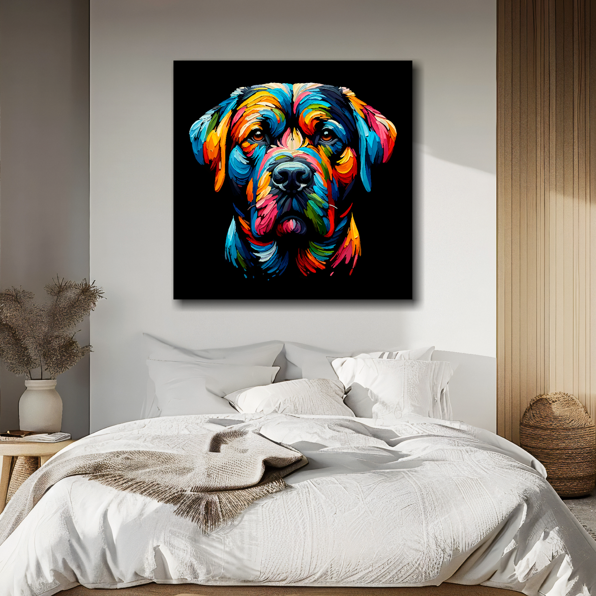Large canvas print featuring a multi-coloured Staffador dog portrait. Mounted on a white wall above a double bed.