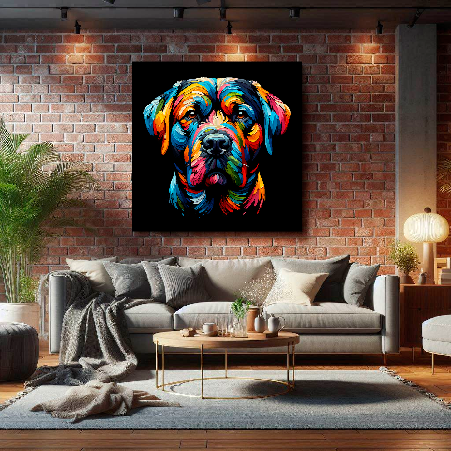 XL canvas print featuring a multi-coloured Staffador dog portrait. Mounted on a lounge brick wall above a grey sofa with decorative pillows.