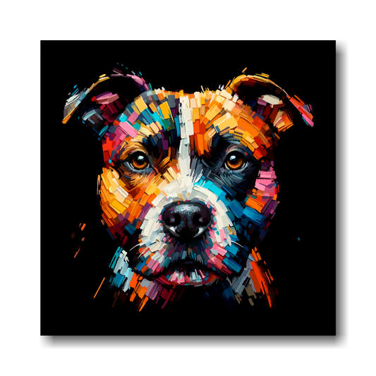 Colourful abstract painting of a Staffy Jack dog's face on a black background.