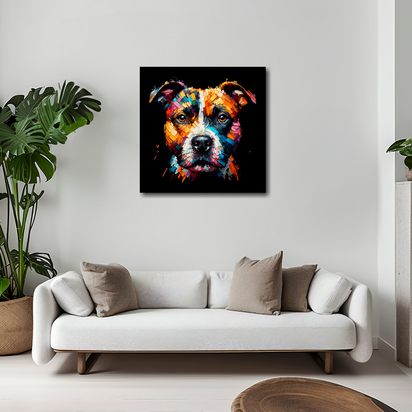 20 inch by 20 inch square canvas print featuring a multi-coloured Staffy Jack dog portrait. Mounted on a white wall above a white sofa with decorative pillows.