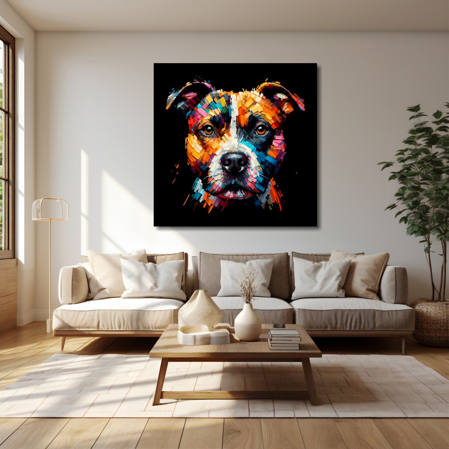 40 inch by 40 inch square canvas print featuring a multi-coloured Staffy Jack dog portrait. Mounted on a cream wall above a cream sofa with decorative pillows.