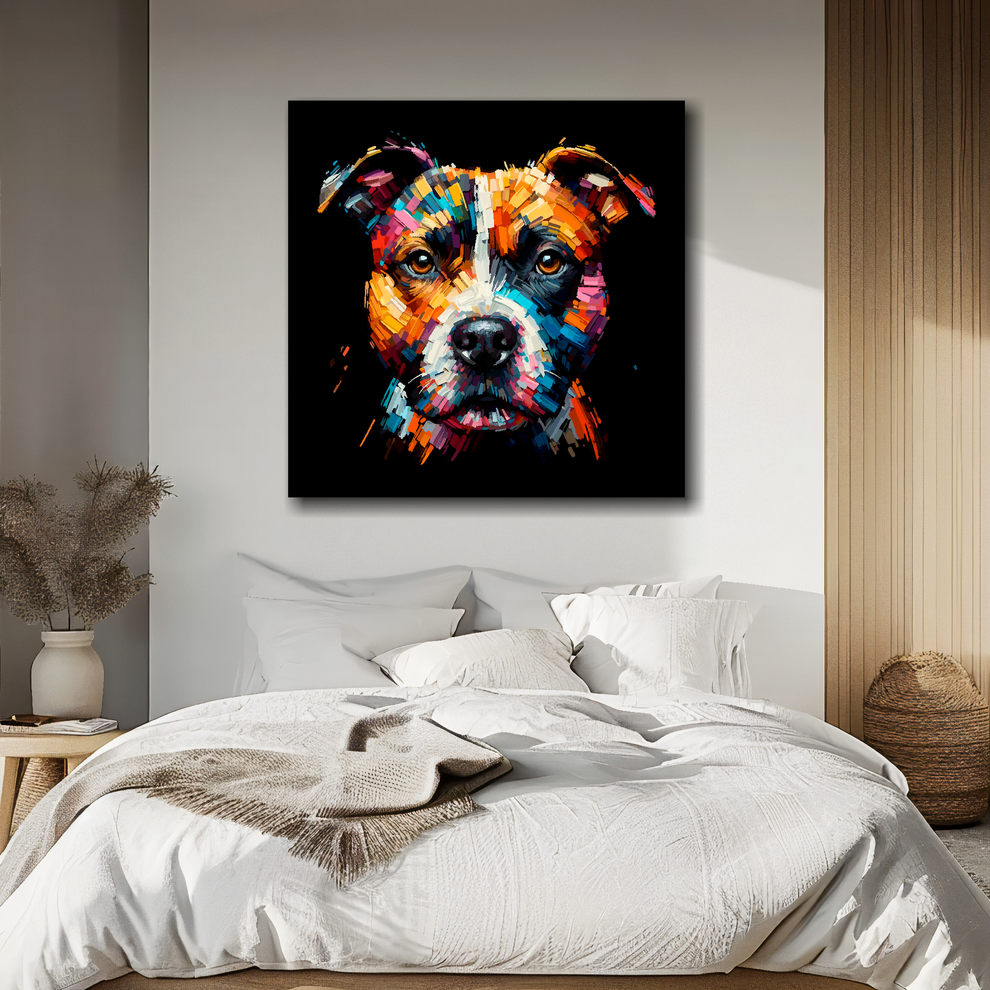 Canvas print featuring a multi-coloured Staffy Jack dog portrait. Mounted on a white wall above a double bed.
