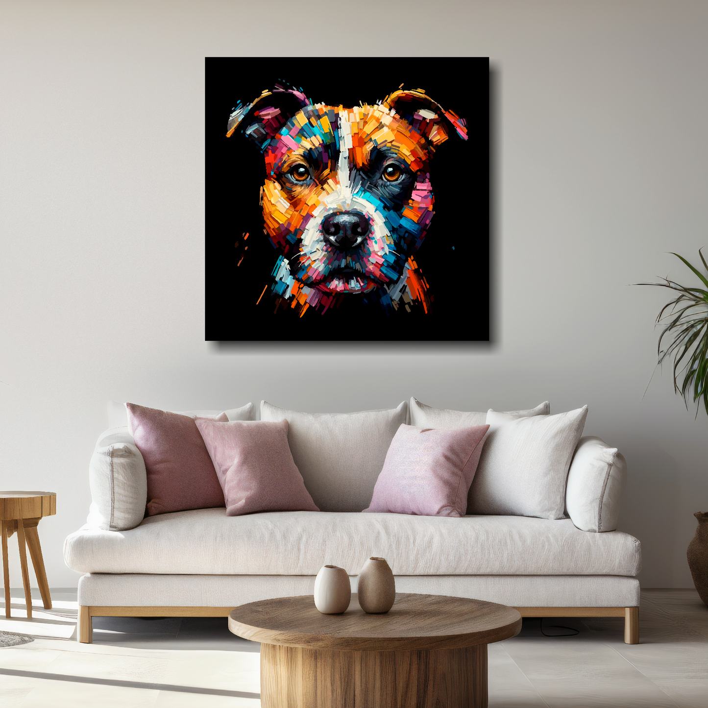 Large canvas print featuring a multi-coloured Staffy Jack dog portrait. Mounted on a white wall above a white sofa with decorative pillows.