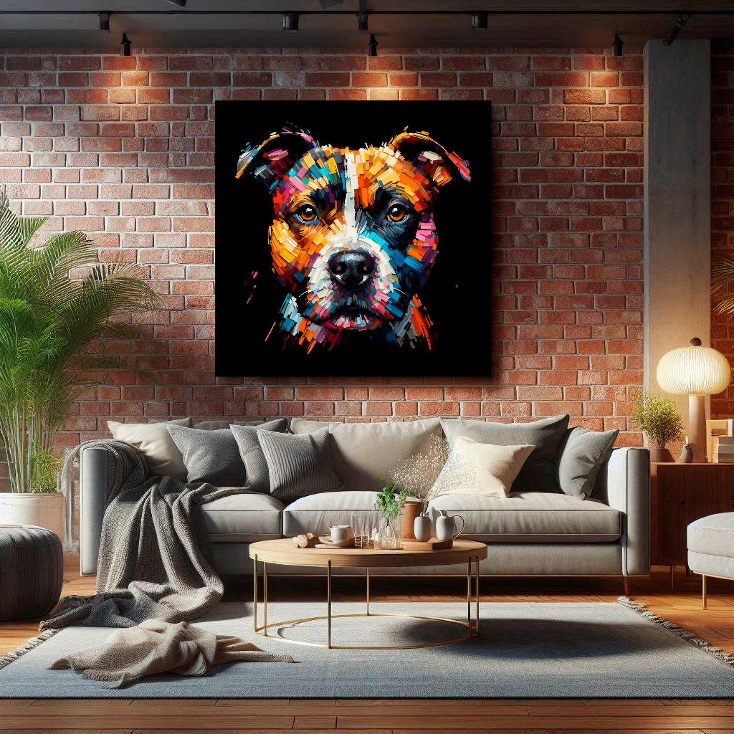 XL canvas print featuring a multi-coloured Staffy Jack dog portrait. Mounted on a lounge brick wall above a grey sofa with decorative pillows.