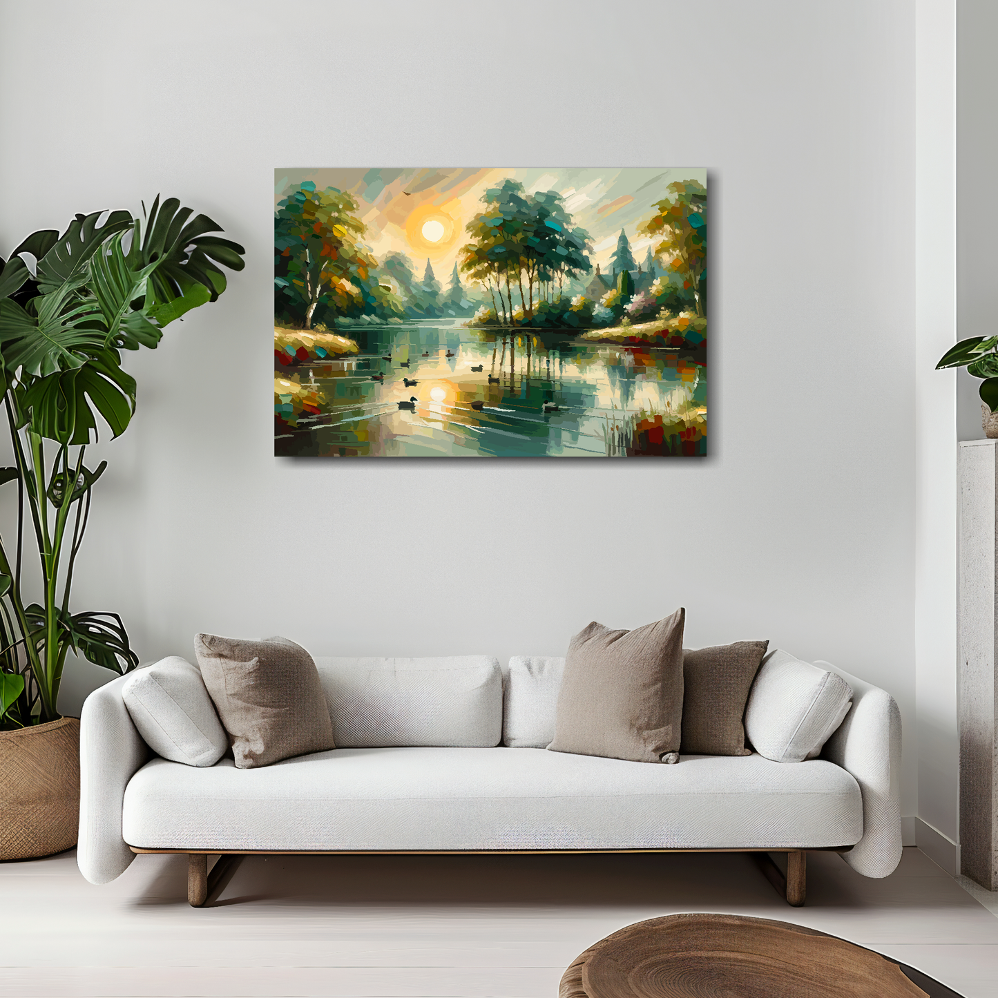 30 inch by 20 inch canvas print featuring an tranquil English lake with setting sun. Mounted on a white wall above a white sofa with decorative pillows.