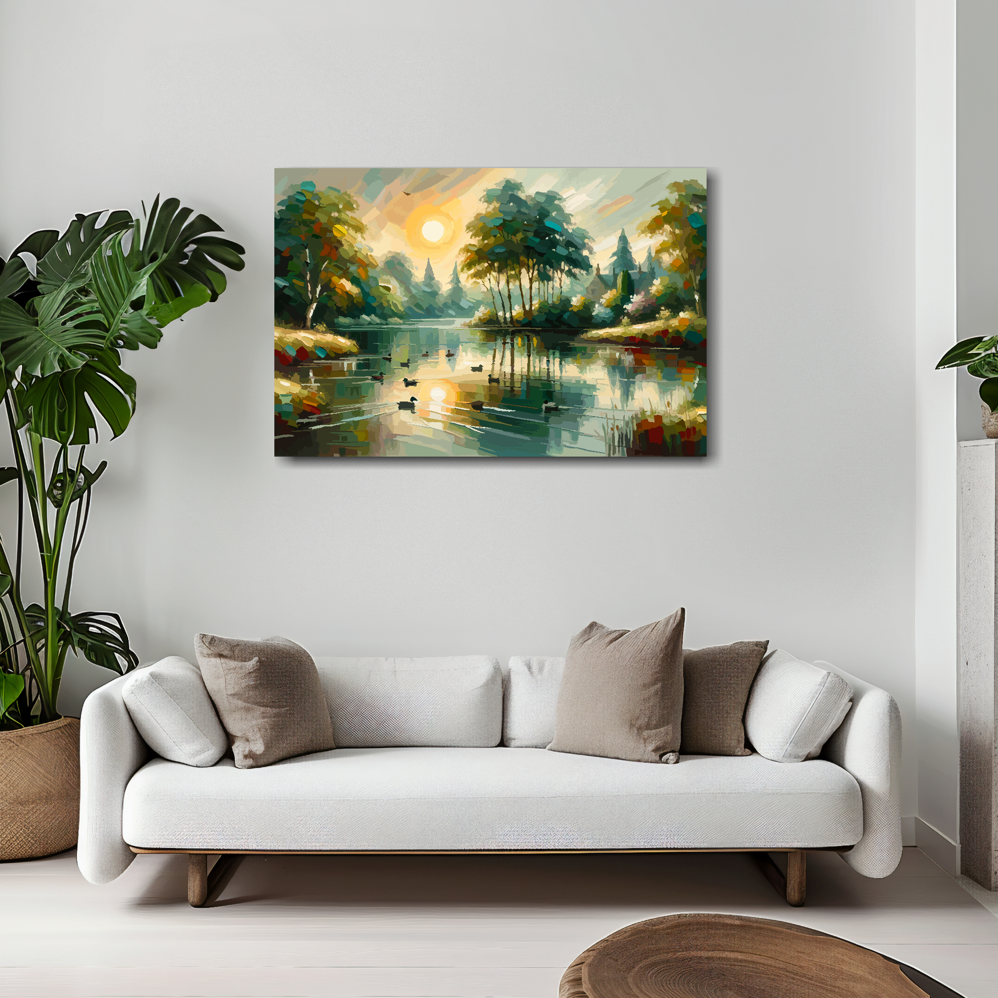 30 inch by 20 inch canvas print featuring an tranquil English lake with setting sun. Mounted on a white wall above a white sofa with decorative pillows.