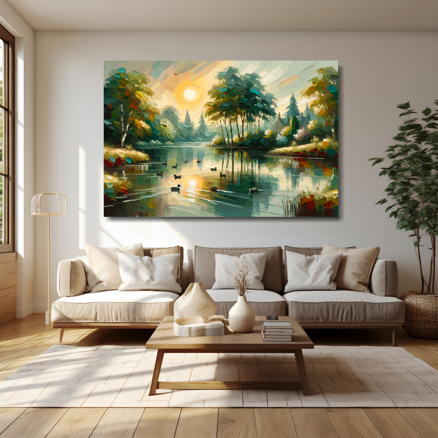 60 inch by 40 inch canvas print featuring an tranquil English lake with setting sun. Mounted on a cream wall above a cream sofa with decorative pillows.