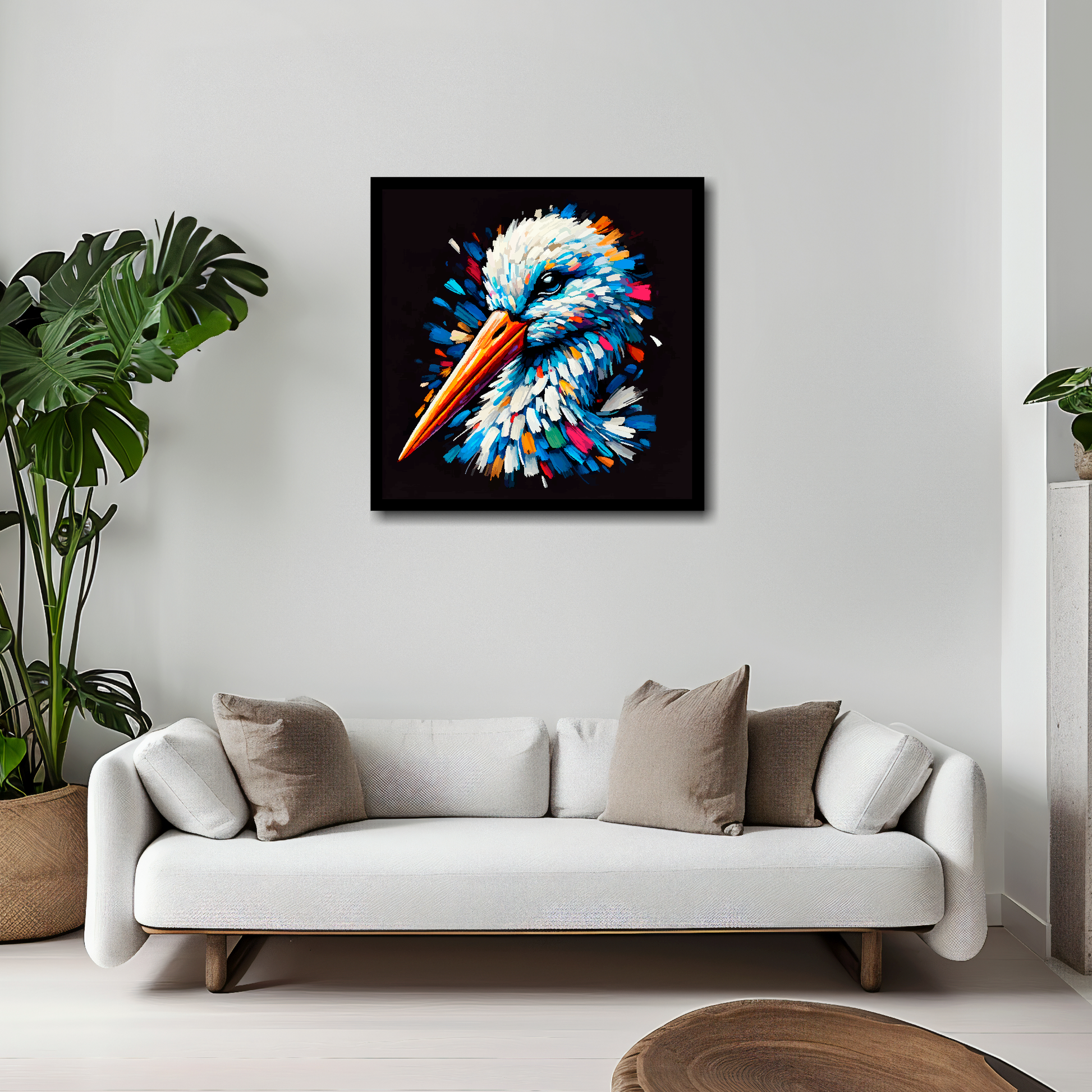 20 inch by 20 inch square canvas of a colourful Stork portrait on a black background. Mounted on a white wall above a white sofa with decorative pillows.