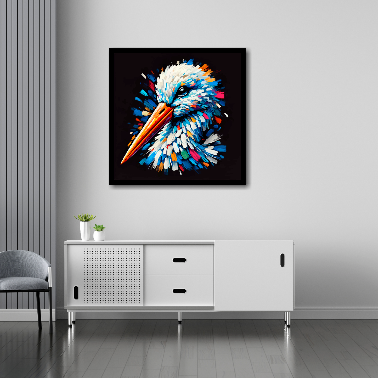 30 inch by 30 inch square canvas of a colourful Stork portrait on a black background. Mounted on a white wall above a white sideboard.