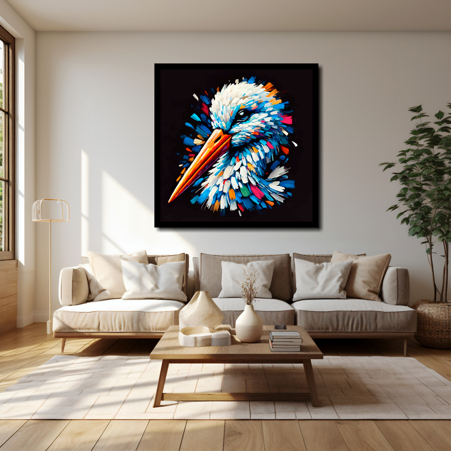 40 inch by 40 inch square canvas of a colourful Stork portrait on a black background. Mounted on a white wall above a cream sofa with decorative pillows.