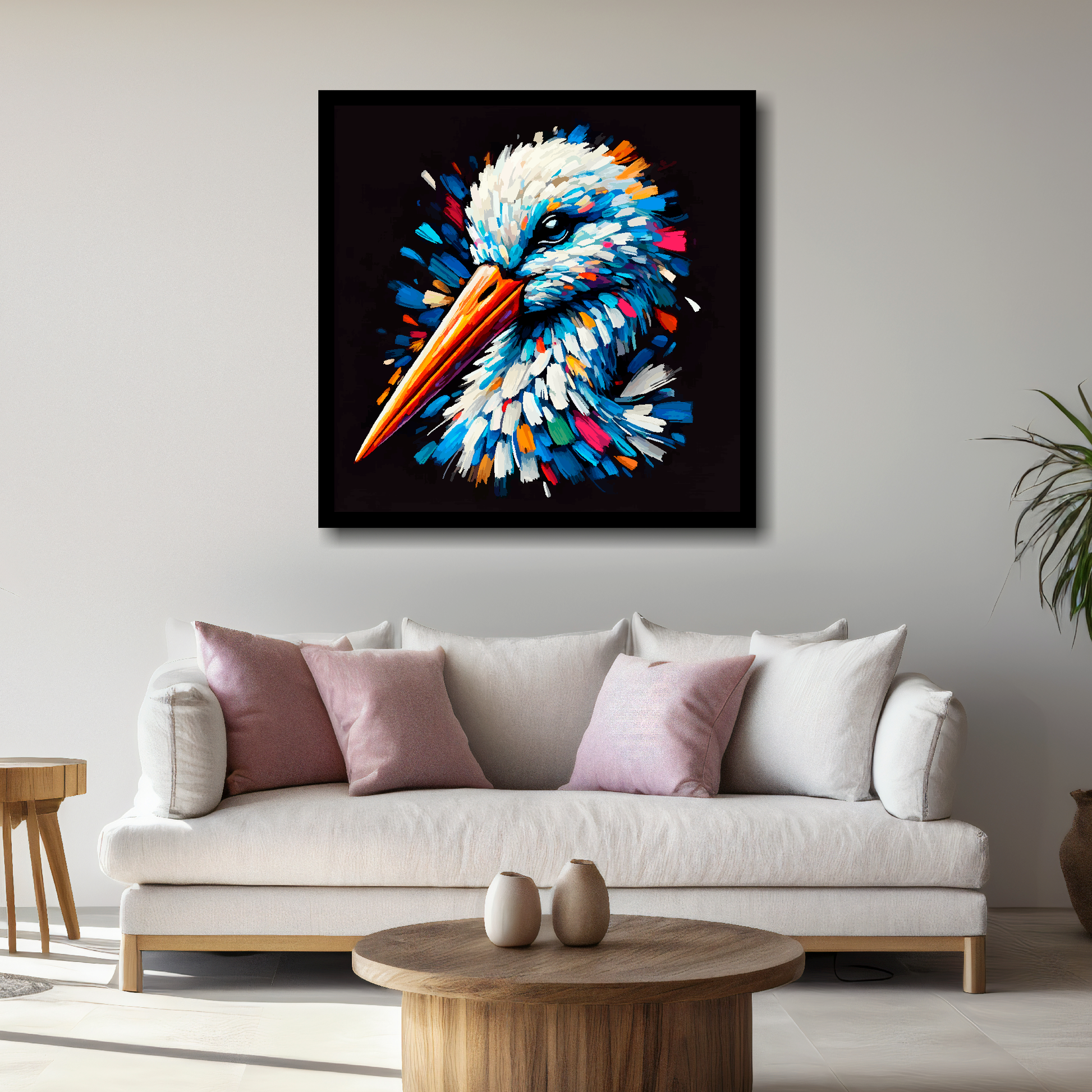 Large canvas wall art - A vibrant multi-coloured head portrait of a Stork. Available in 3 large sizes.