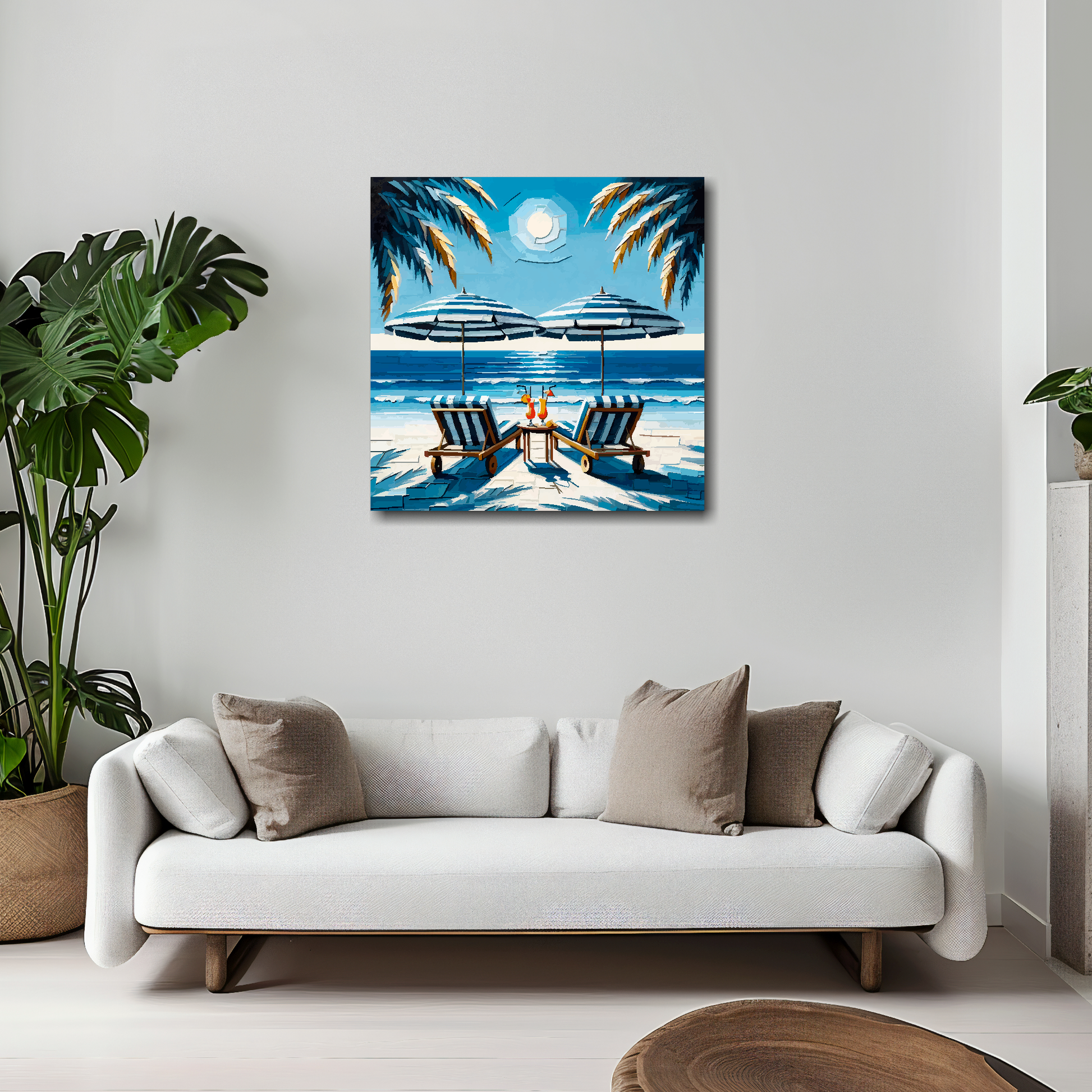 20 inch by 20 inch square canvas featuring a colourful tropical beach. Mounted on a white wall above a white sofa with decorative pillows.