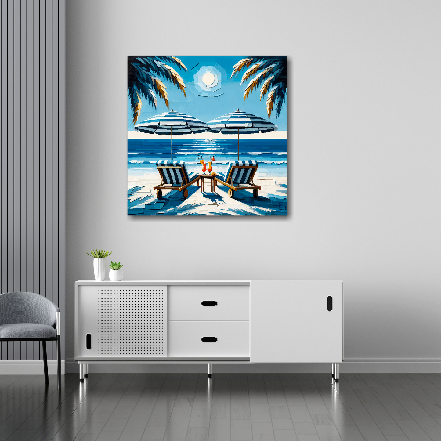 30 inch by 30 inch square canvas featuring a colourful tropical beach. Mounted on a white wall above a white sideboard.