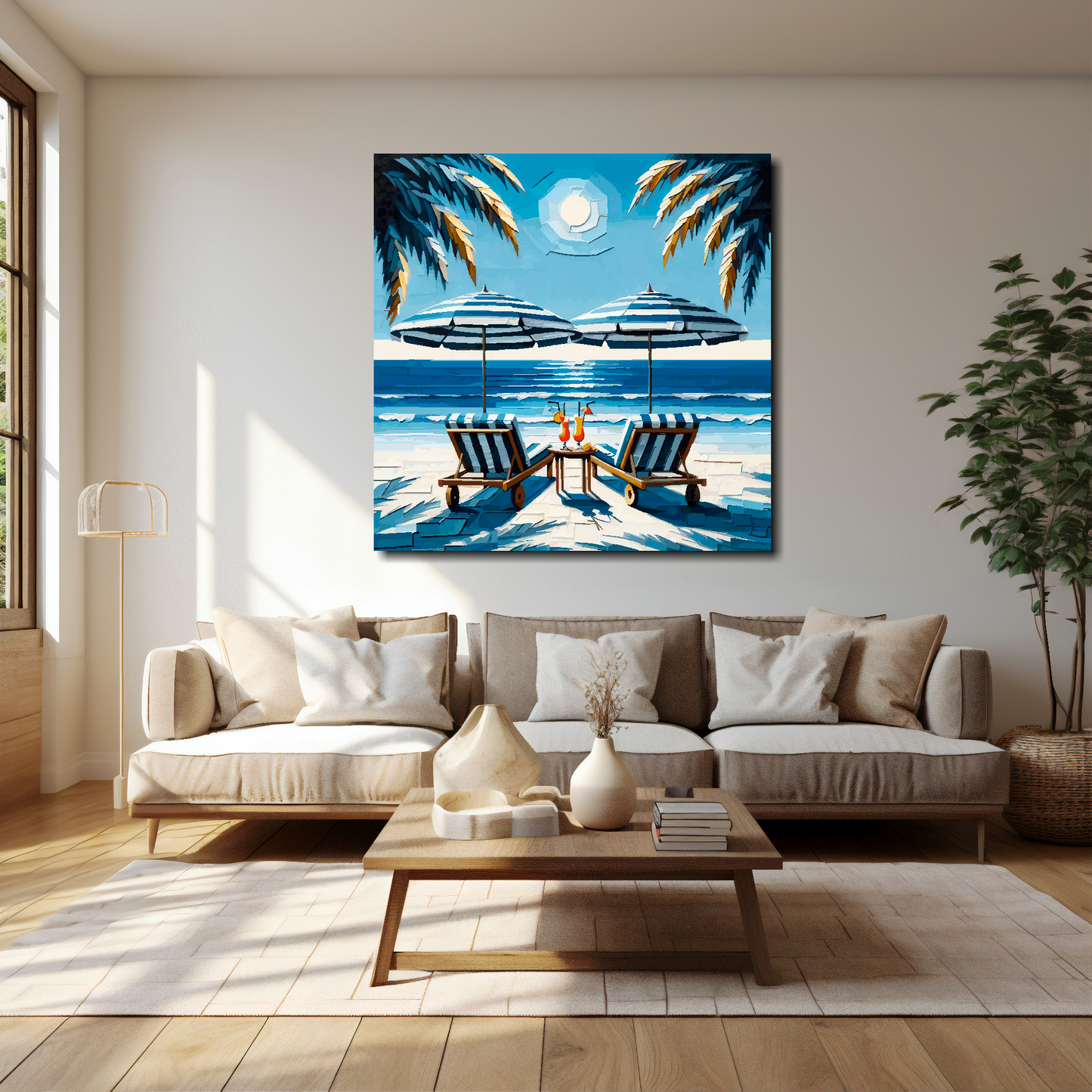 40 inch by 40 inch square canvas featuring a colourful tropical beach. Mounted on a cream wall above a cream sofa with decorative pillows.