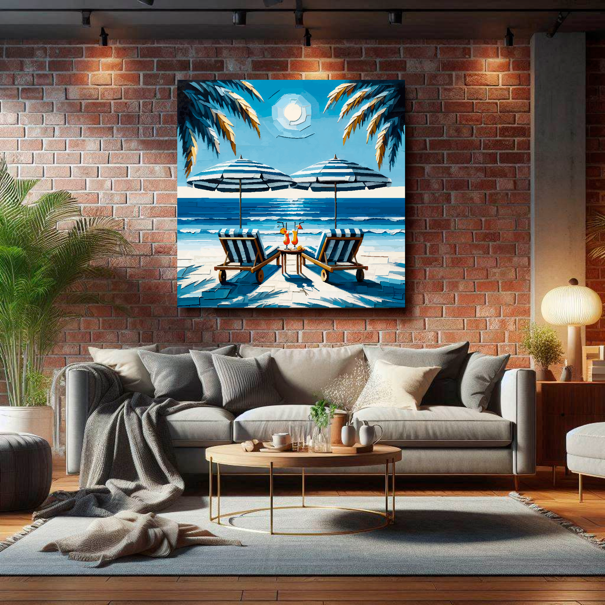Huge square canvas featuring a colourful tropical beach. Mounted on a brick wall above a grey sofa with decorative pillows.