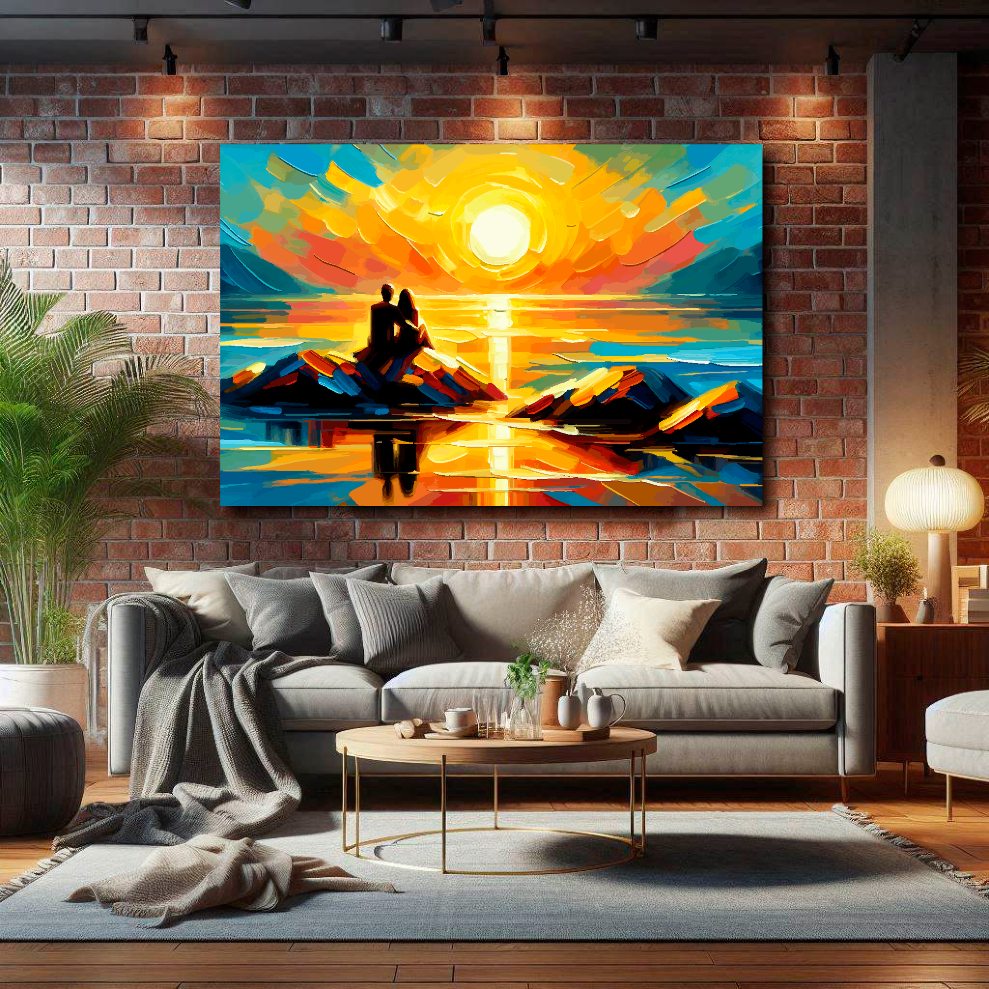 Huge abstract canvas print of a romantic couple watching a vibrant sunset. Mounted on a brick wall above a gray sofa with decorative pillows.
