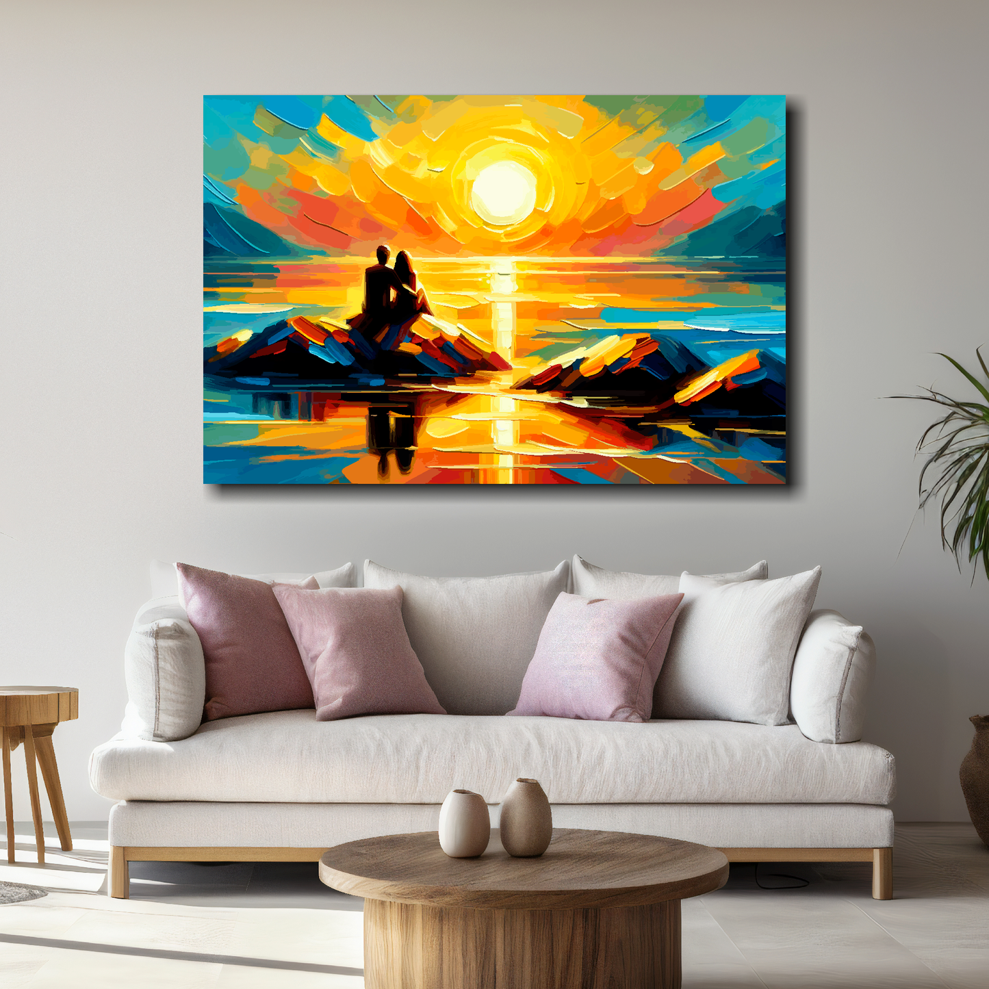 Large abstract canvas print of a romantic couple watching a vibrant sunset. Mounted on a white wall above a white sofa with decorative pillows.