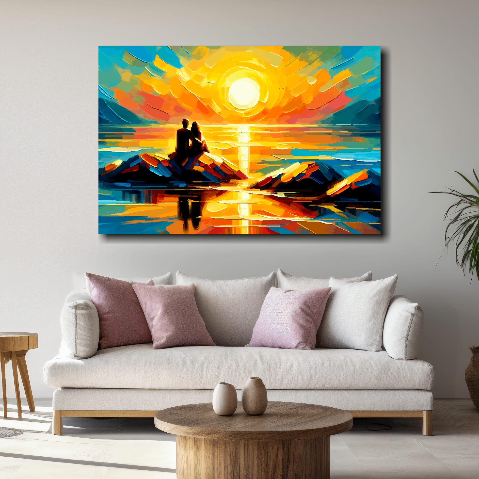 Large abstract canvas print of a romantic couple watching a vibrant sunset. Mounted on a white wall above a white sofa with decorative pillows.