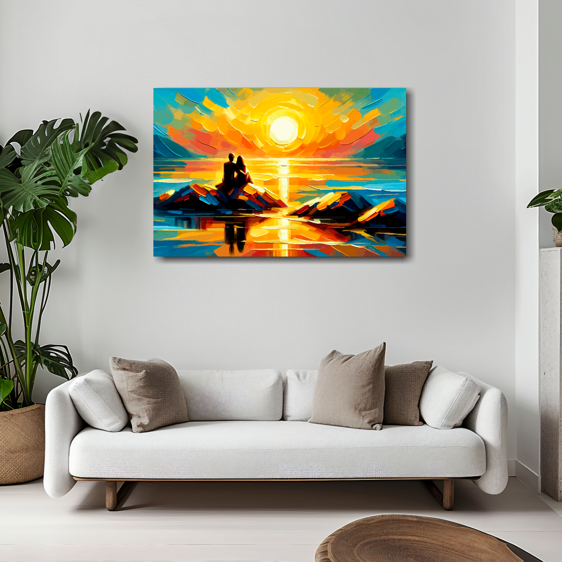 30 inch by 20 inch abstract canvas print of a romantic couple watching a vibrant sunset. Mounted on a white wall above a white sofa with decorative pillows.