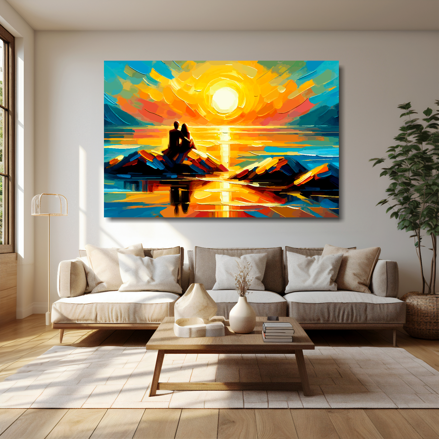 60 inch by 40 inch abstract canvas print of a romantic couple watching a vibrant sunset. Mounted on a cream wall above a cream sofa with decorative pillows.