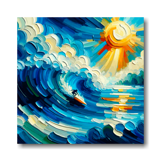Abstract painting of a surfer on a wave with a bright sun in the sky