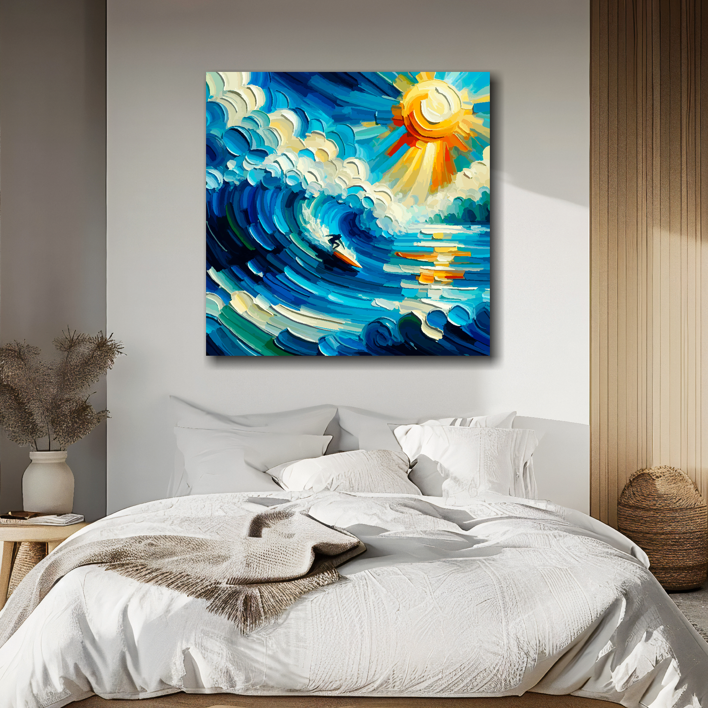 Large canvas mounted on a white bedroom wall above a bed. Featuring an abstract painting of a surfer catching a huge wave.