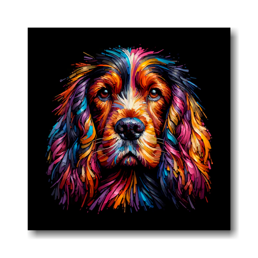 Colourful painting of a Sussex Spaniel dog's face on a black background.