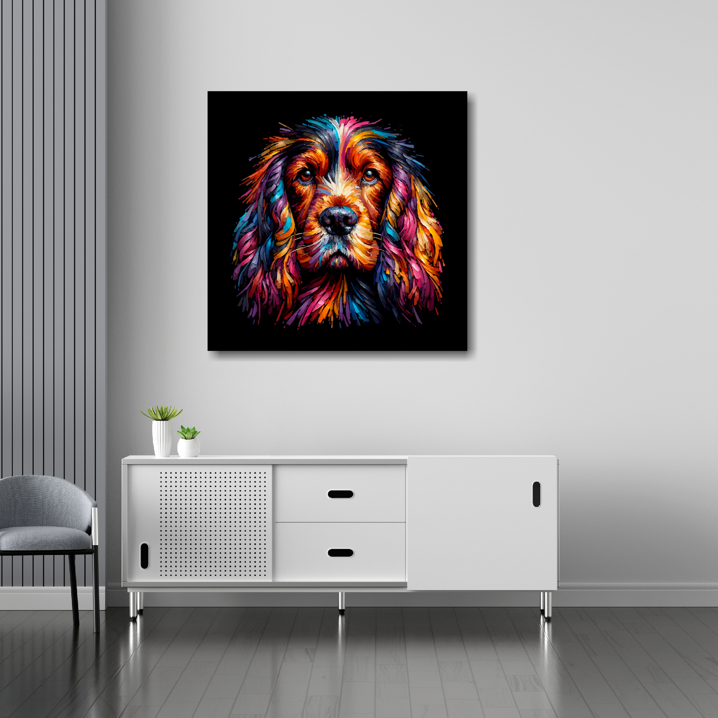 30 inch by 30 inch square canvas featuring a multi-coloured Sussex Spaniel dog portrait. Mounted on a white wall above a white sideboard.
