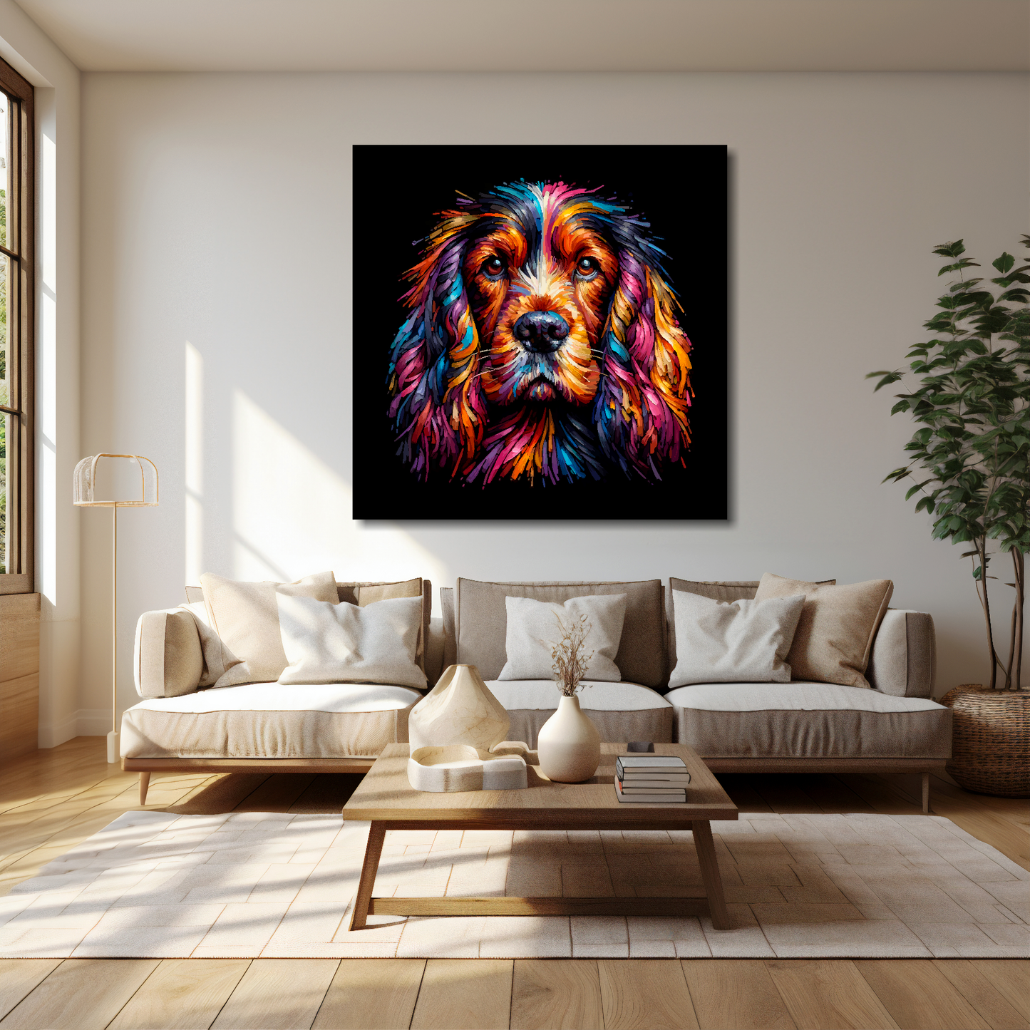 40 inch by 40 inch square canvas featuring a multi-coloured Sussex Spaniel dog portrait. Mounted on a cream wall above a cream sofa with decorative pillows.