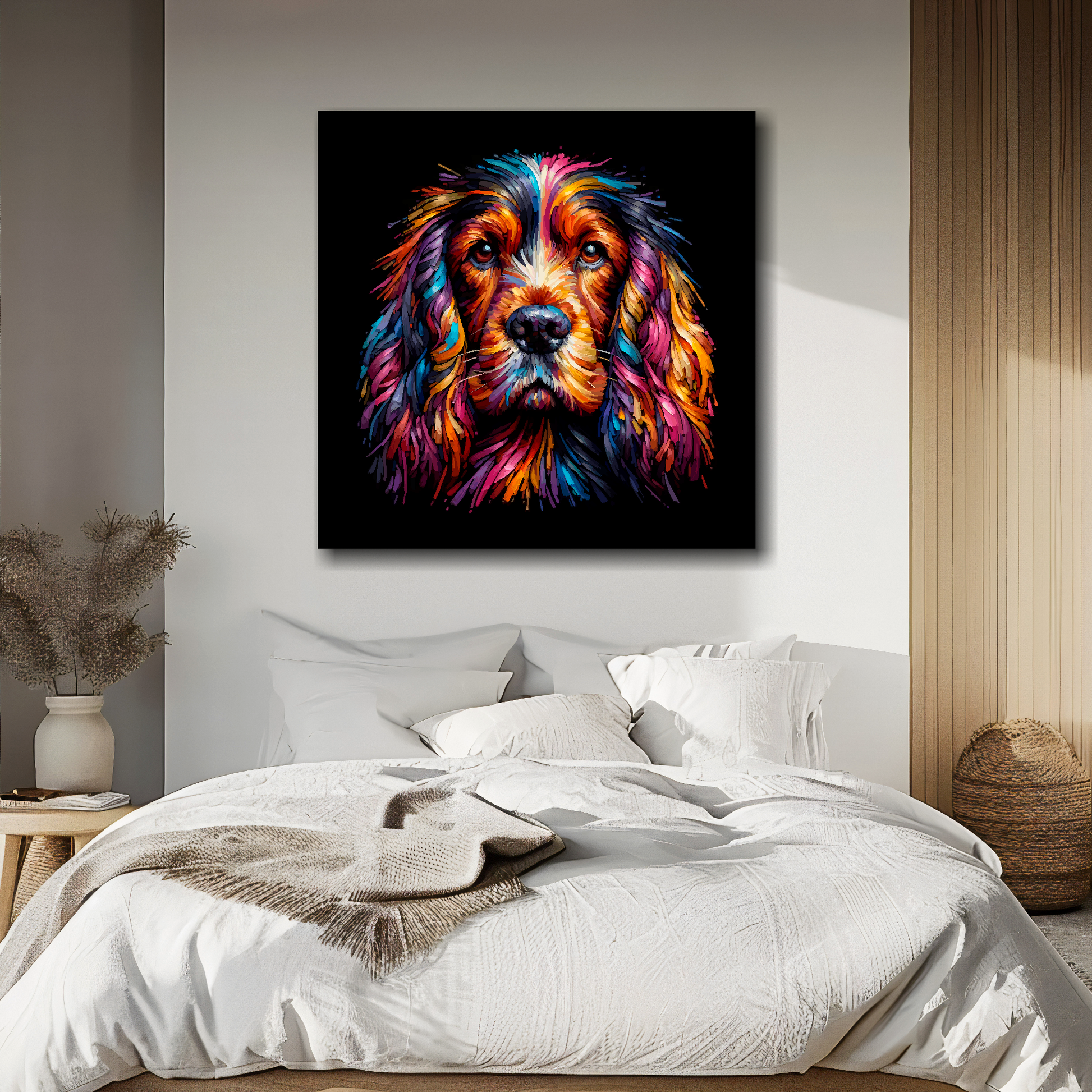 Canvas print featuring a multi-coloured Sussex Spaniel dog portrait. Mounted on a white wall above a double bed.