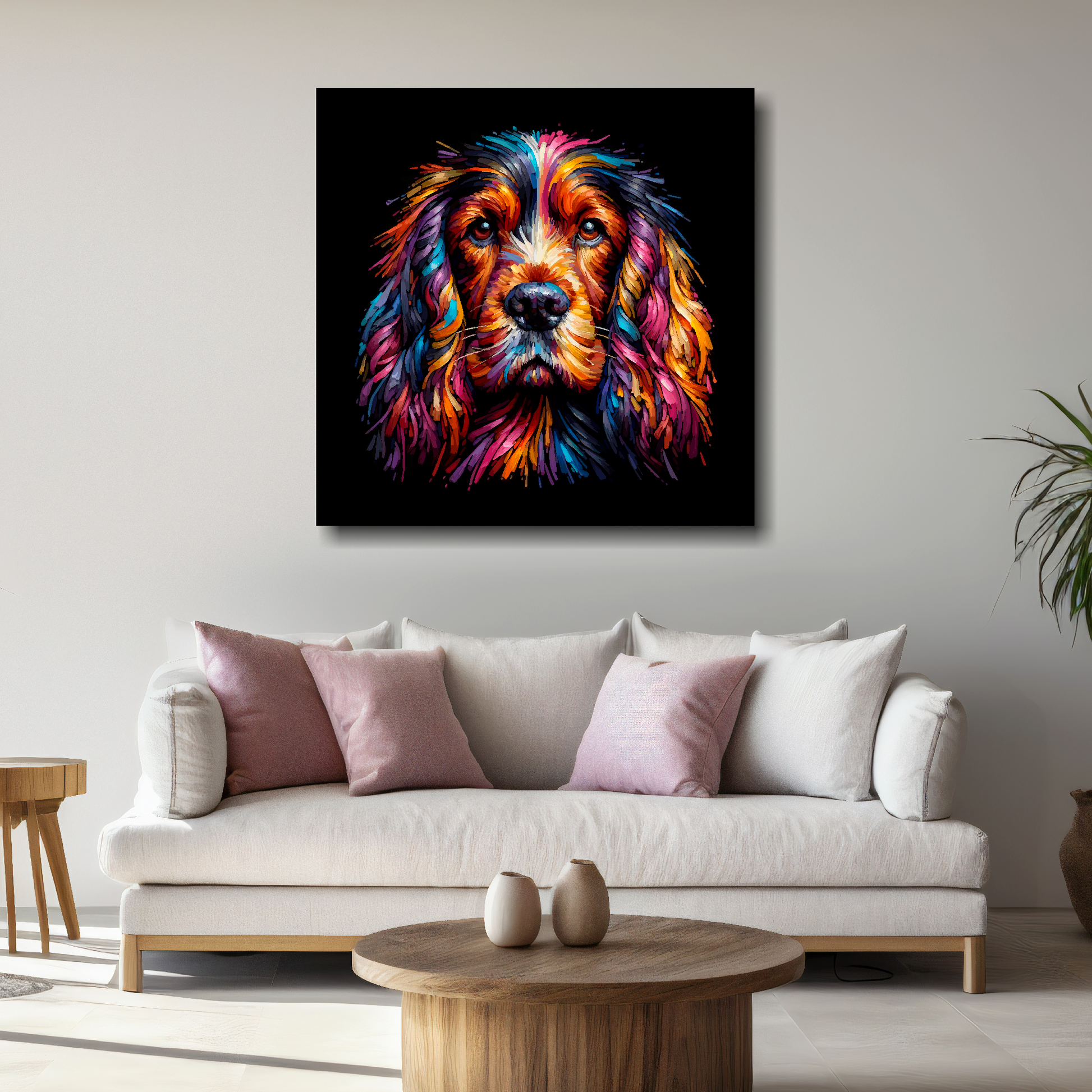 Large canvas print featuring a multi-coloured Sussex Spaniel dog portrait. Mounted on a white wall above a white sofa with decorative pillows.