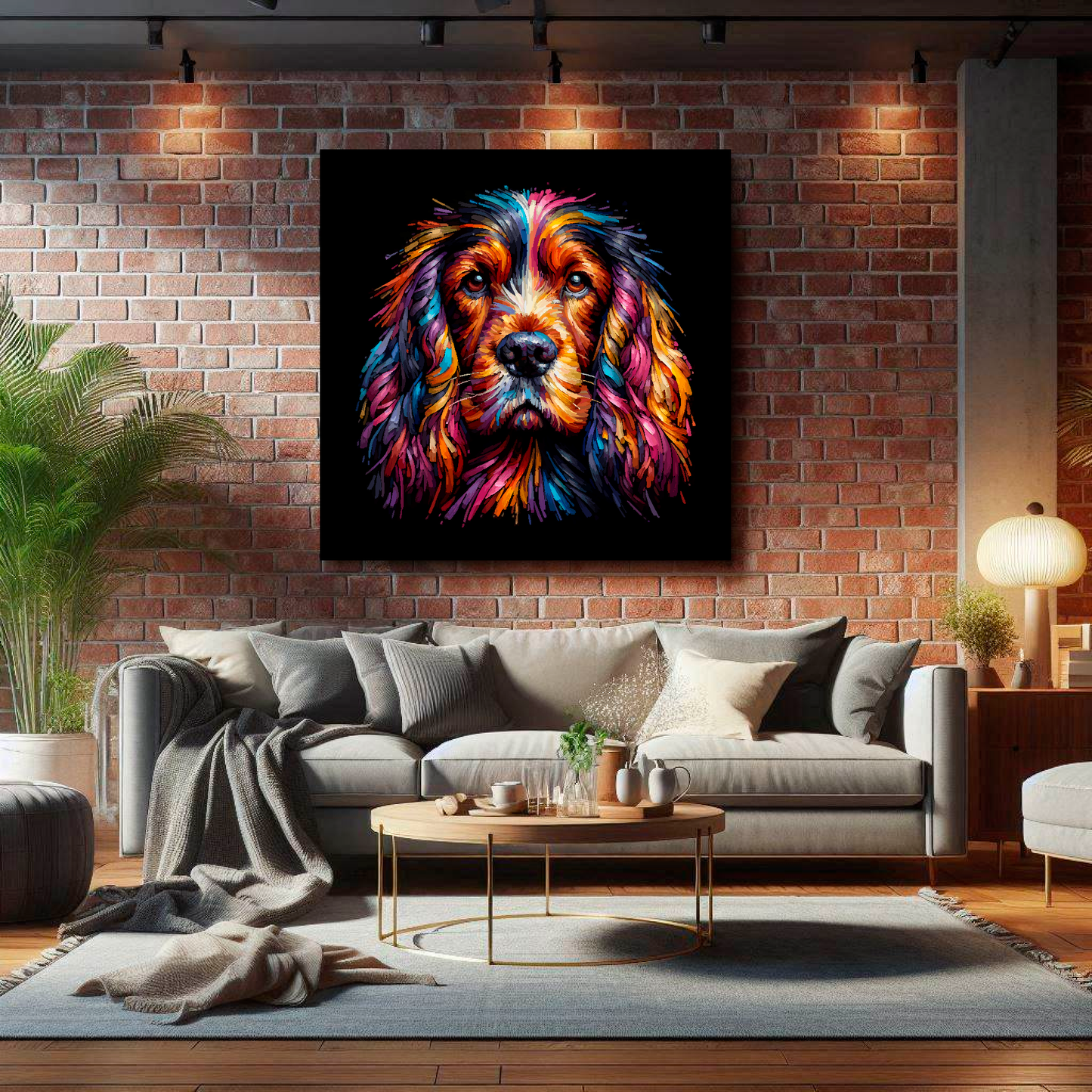 XL canvas print featuring a multi-coloured Sussex Spaniel dog portrait. Mounted on a lounge brick wall above a grey sofa with decorative pillows.