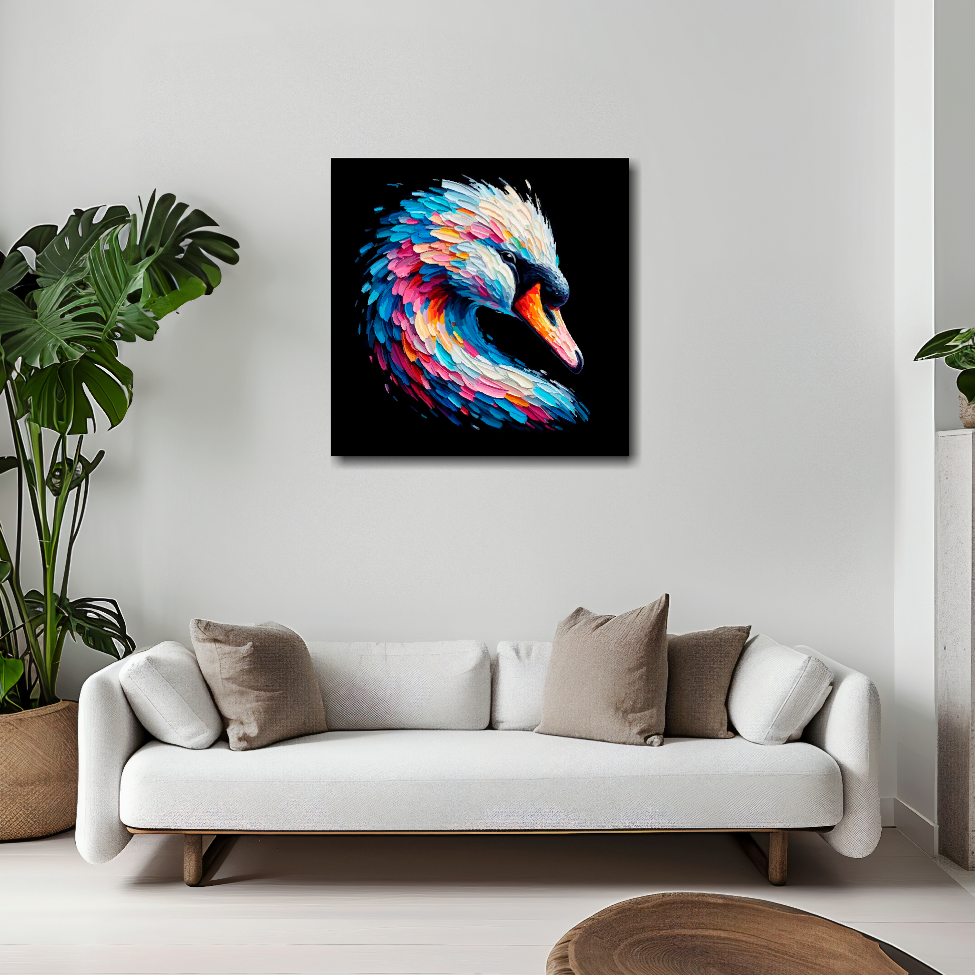 20 inch by 20 inch square canvas of a colourful Swan portrait on a black background. Mounted on a white wall above a white sofa with decorative pillows.