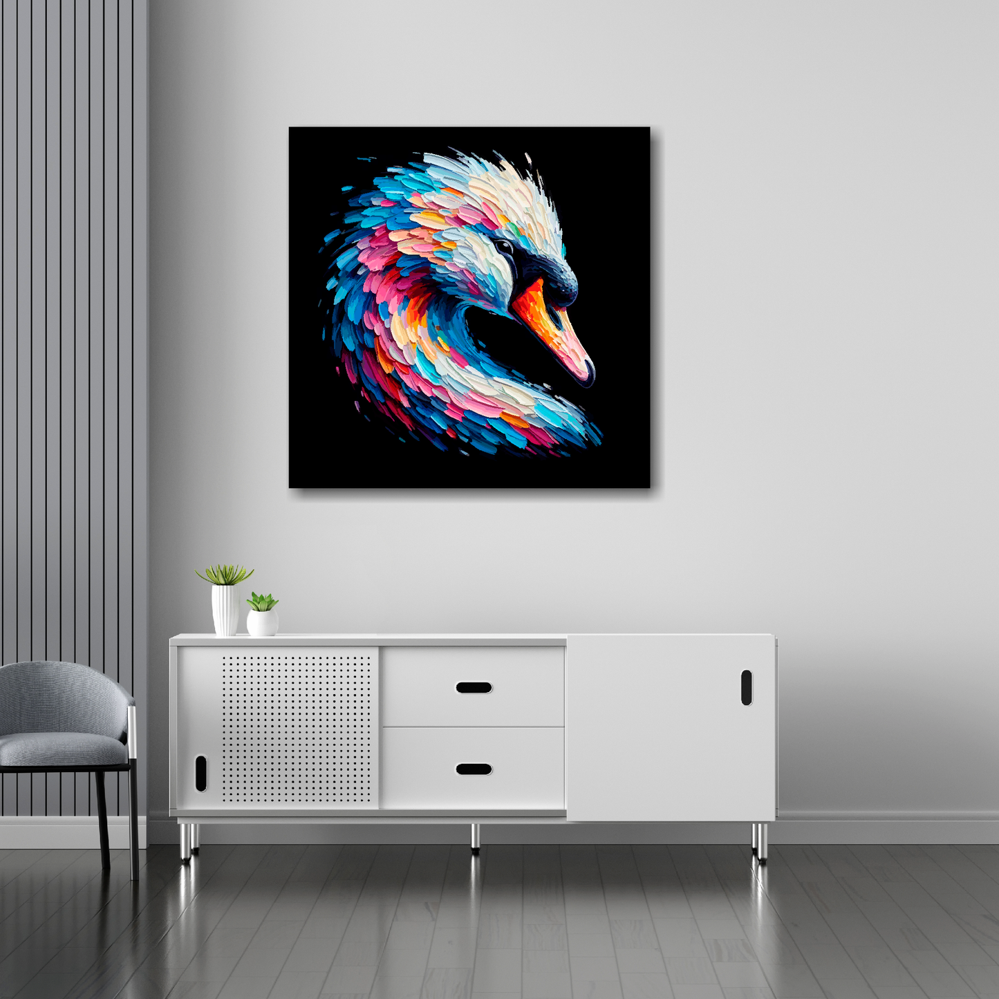 30 inch by 30 inch square canvas of a colourful Swan portrait on a black background. Mounted on a white wall above a white sideboard.
