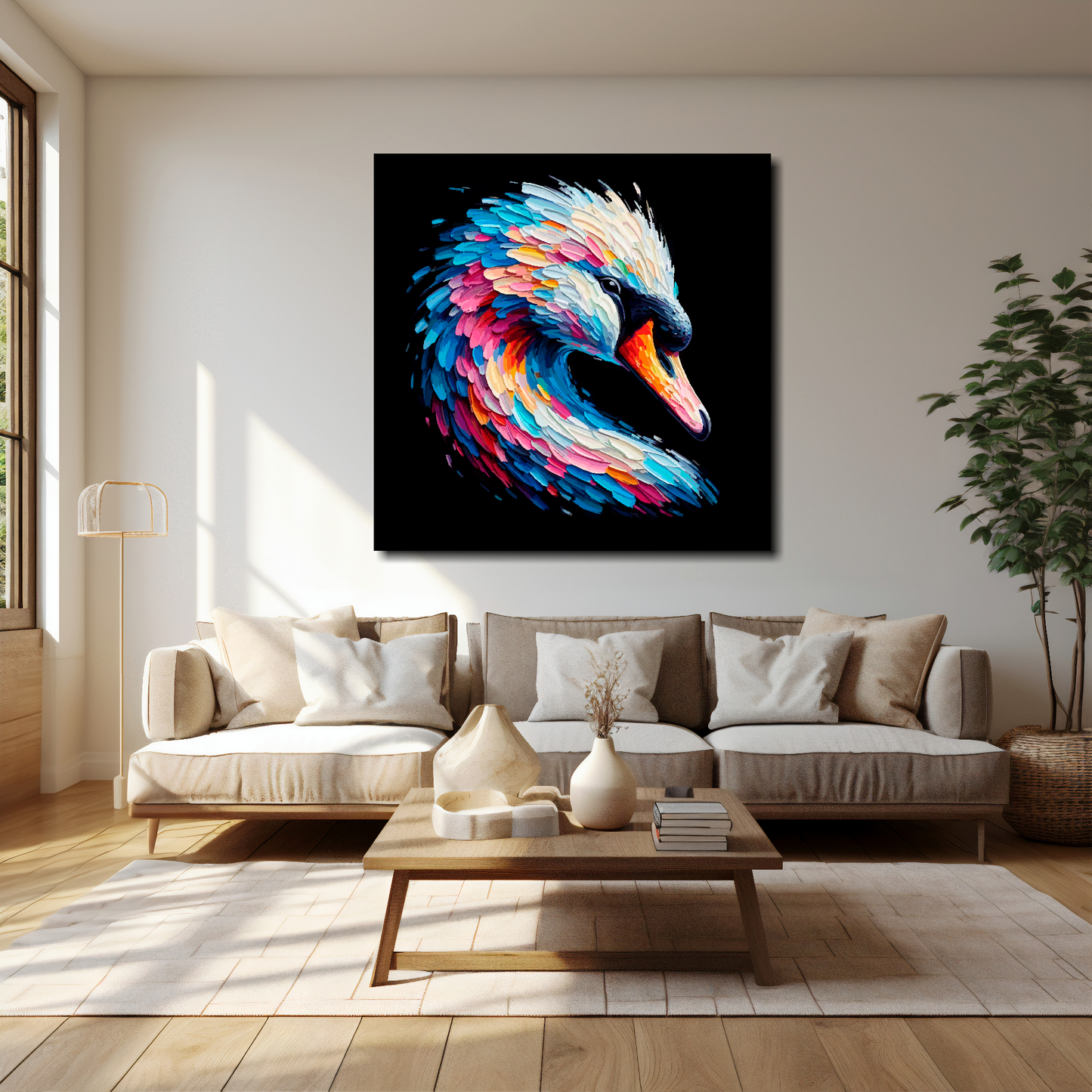 40 inch by 40 inch square canvas of a colourful Swan portrait on a black background. Mounted on a white wall above a cream sofa with decorative pillows.