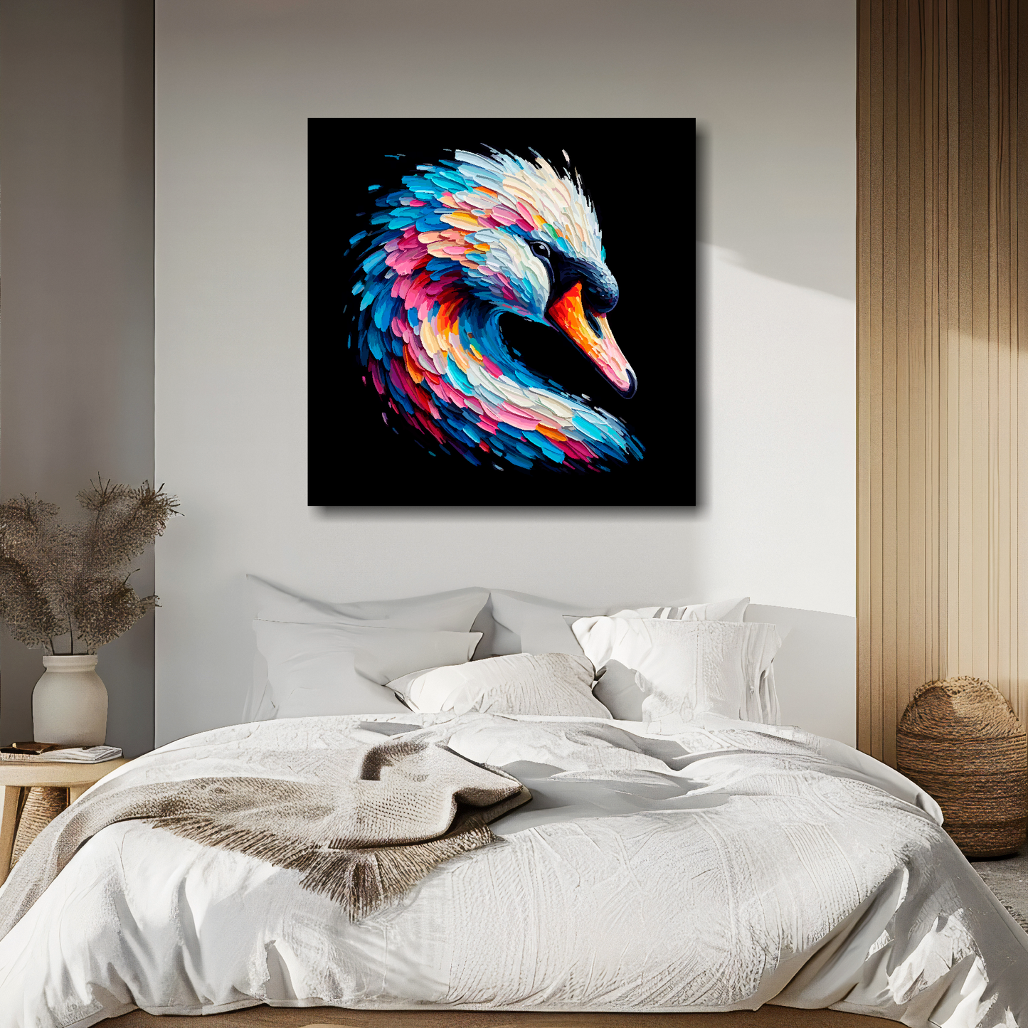 Large canvas wall art - A vibrant multi-coloured head portrait of a Swan. Available in 3 large sizes.
