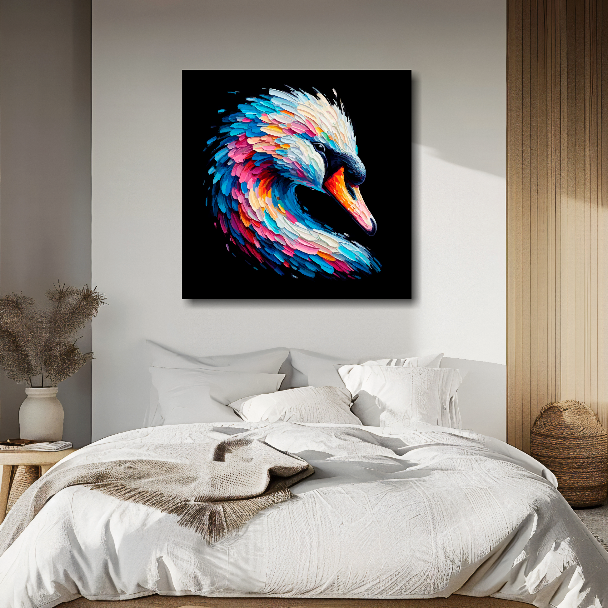 Large canvas wall art - A vibrant multi-coloured head portrait of a Swan. Available in 3 large sizes.