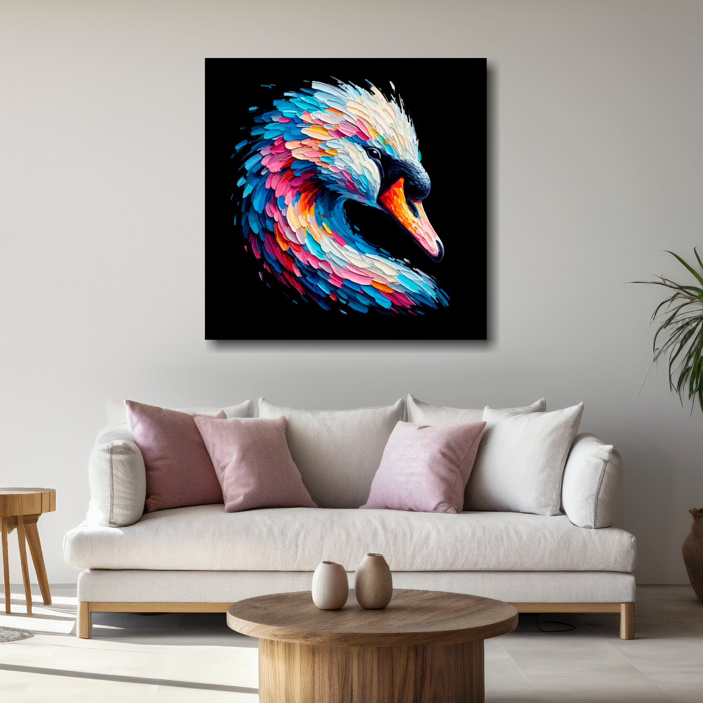 Large canvas wall art - A vibrant multi-coloured head portrait of a Swan. Available in 3 large sizes.